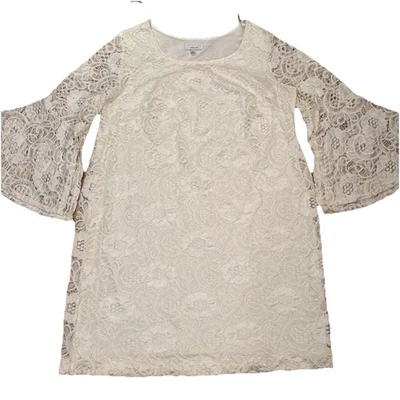 Signature by Robbie Bee Floral Lace Mini Dress Ivory Size 1X Flared Sleeve Sheer - Image 1 of 4