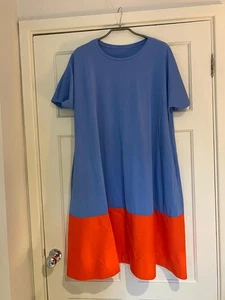 COS BLUE AND ORANGE SWING CREW NECK SHORT SLEEVED DRESS SIZE L WORN ONCE - Picture 1 of 2