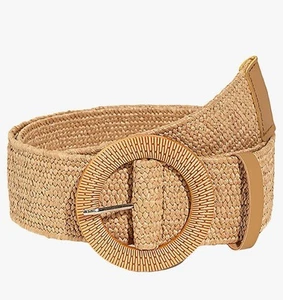 Summer Women Elastic Belt Round Buckle Vintage Boho Straw Woven Belt Dress Belt- - Picture 1 of 4