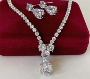 Luxus Schmuckset Collier Ohrringe Kristalle Zirkon 18K Weißgold vergoldet Damen - Bild 1 von 10