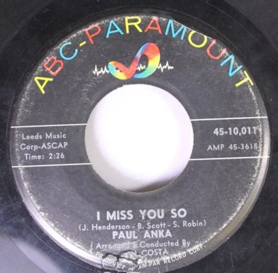 50'S/60'S 45 Paul Anka - I Miss You So / Late Last Night On Abc Paramount - Image 1 of 2