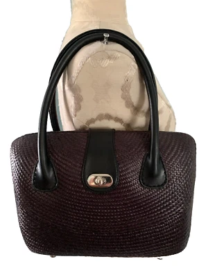 Le SAC Handbag Purple Plum Hard Shell Woven Straw Hand Made Double Handle Purse - Image 1 of 4