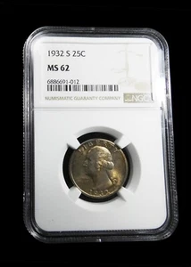 1932-S Washington Silver Quarter. NGC Certified MS 62. Nice Color! #2762 - Picture 1 of 4