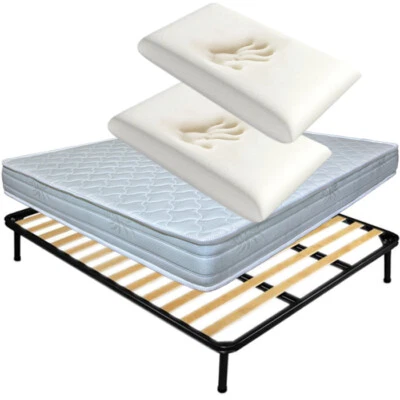 OFFERTA KIT MATERASSO CON RETE A DOGHE IN LEGNO E CUSCINO LATTICE O MEMORY FOAM - Immagine 1 di 4