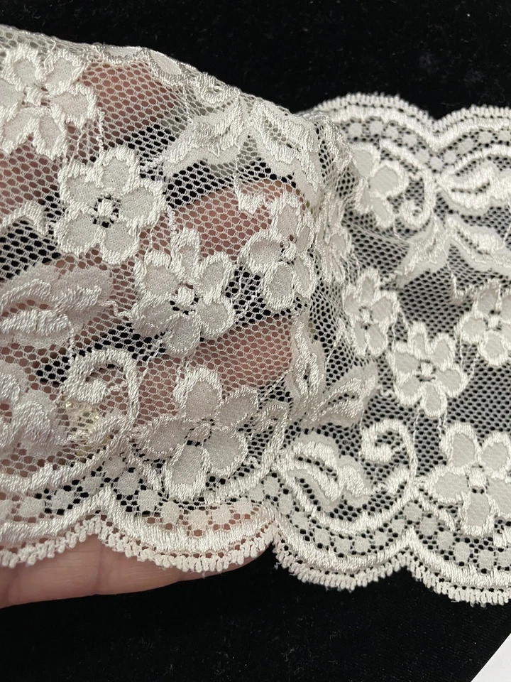 4 yards Ivory Stretch Floral Double Scalloped Lace Trim 6” - Image 1 of 3