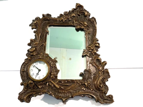 Antique Art Nouveau Bronzed Finish Freestanding Mirror & Inset Clock Cover