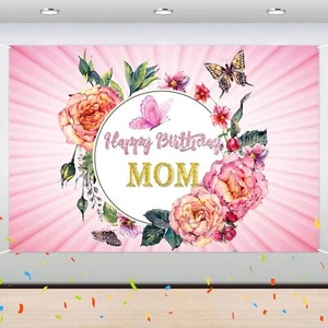 Happy Birthday Mom Backdrop Banner - Mother Birthday Party Background - Women... - Picture 1 of 6
