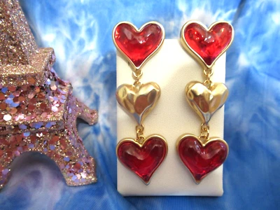 Gripoix Style Heart Pierced Earrings Poured Resin Dangle Matte Gold Red Runway - Image 1 of 4