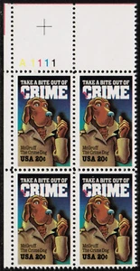US USA Sc# 2102 MNH FVF PLATE # BLOCK McGruff Crime Dog Trenchcoat Cartoon - Picture 1 of 1