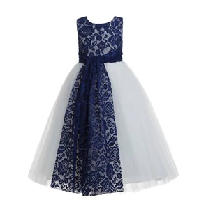 Azul Marino Floral Encaje Corazón Recorte Flor Niña Vestido Boda Concurso Vestidos 172 - Imagen 1 de 1