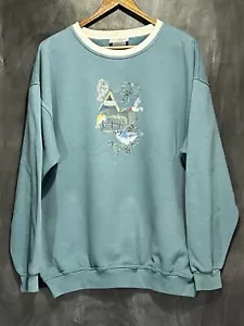 Vintage 1990s Green Faux Double Collar Crewneck Sweatshirt Grandma XL Birds - Picture 1 of 9