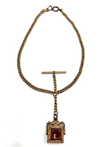 Victorian Gold Filled Carnelian & Black Intaglio Spin Fob Watch Chain - Picture 1 of 9