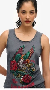 Superdry Women’s tattoo scoop neck tank top in washed black slub Size 10 - Picture 1 of 5