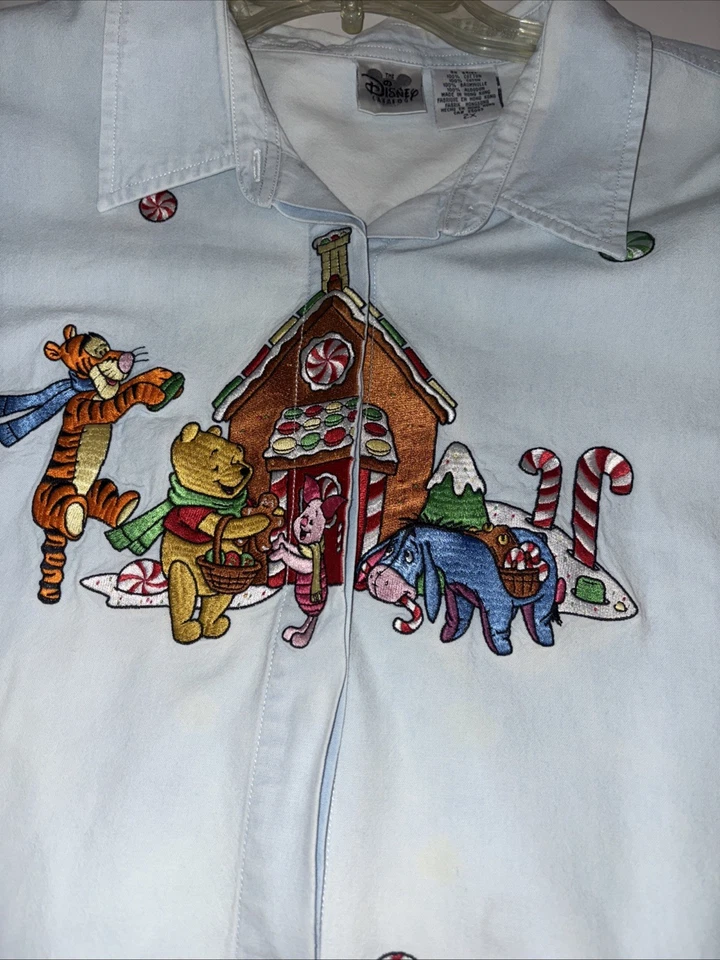 Camisa con botones Winnie the Pooh Disney para mujer 2X bordada Navidad de colección años 90 Foto 1 de 4