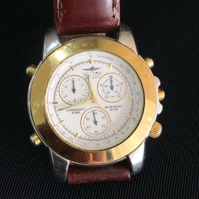 Vintage Watch Wrist Swiss Sector Quarts Leather Band Glass Gold Brown - Image 1 of 4