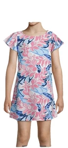 Pappagallo Girls M 6-8 Yrs Flutter Sleeve Swing Dress Pink Blue Tropical Beach - Picture 1 of 11