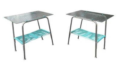 Vintage Mid-Century Ames Aire Glass Top & Turquoise Corded Patio Table Set Of 2 - Image 1 of 4