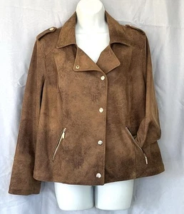 Chico's Faux Suede Brown Tonal Print Moto Jacket Women Size 2P - Picture 1 of 9