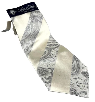 Corbata de sastrería fina Sean John para hombre crema plateada cachemira a rayas hecha a mano seda Foto 1 de 4