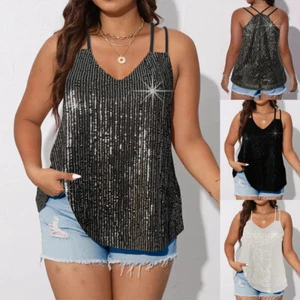 Plus Size Ladies Strappy V Neck Vest Tops Glitter Sequin Party Shirts Tank Cami - Picture 1 of 20