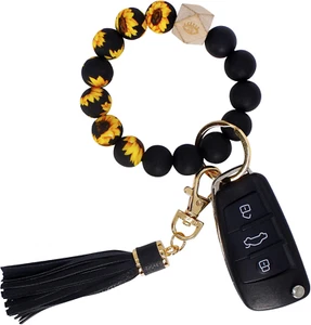 Key Ring Bracelet Car Keychain Holder Wristlet Silicone Women Beaded Bangle Chai - Picture 1 of 7