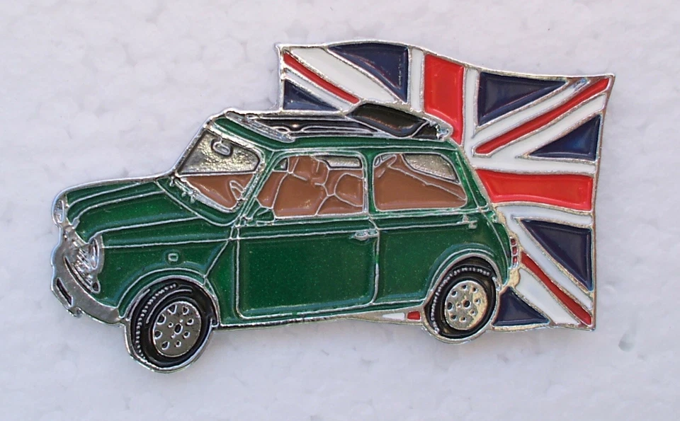 BMC MINI UNION JACK, VERDE, EMBLEMA DE LAPELA ESMALTADO. 40x22mm. ENCAIXE DE PINO BORBOLETA. - Imagem 1 de 1