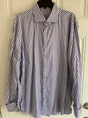 Bugatchi Uomo Shirt Flip Cuff Mens 18/44 Blue Purple Striped Paisley Classic - Image 1 of 4
