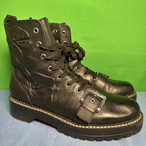 Zara Basic Collection Black Combat Boot Buckle Lace Up Floral Embossed Womens 10 - Picture 1 of 13