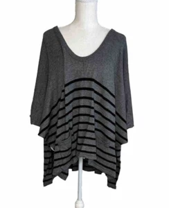 C&C California Grey Black Stripe Poncho Bat Wing Nylon Wool Cashmere Blend Large - Picture 1 of 9
