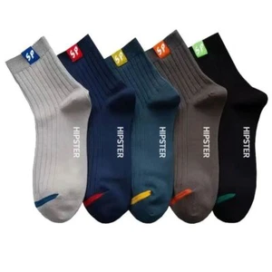 5pairs Men's Cotton Striped Plain Color Casual Short Crew Socks, Multicolor Set - Picture 1 of 3