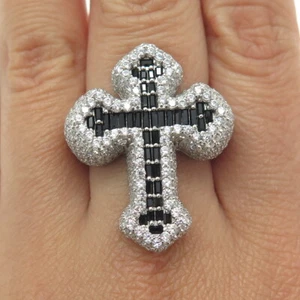 REL 925 Sterling Silver Pave White & Black C Z Cross Statement Ring Size 9.25 - Picture 1 of 8