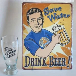 Save Water Drink Beer Man Gift Set 13"x10" Metal Sign and Pilsner Glass - Picture 1 of 10