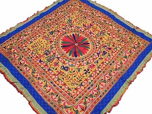 Banjara Floral Embroidery Wall Tapestry - Yellow Vintage Ethnic Decor 68"x64" - Picture 1 of 6