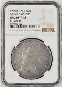 Italy 1799 M Milan 1 Kronenthaler Thaler Taler Crocione DAV-1390 NGC UNC, Rare - Picture 1 of 2