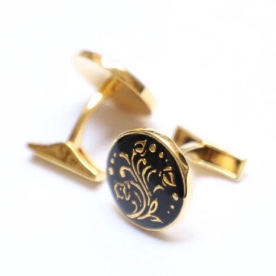 Gemelos enchapados en oro de forma redonda esmaltados florales negros de plata de ley 925 para hombre Foto 1 de 4