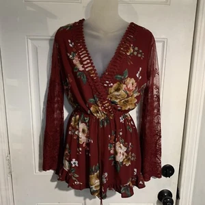 Flying Tomato Womens Red Floral Romper, Lace Sleeves, Size Small - Picture 1 of 13