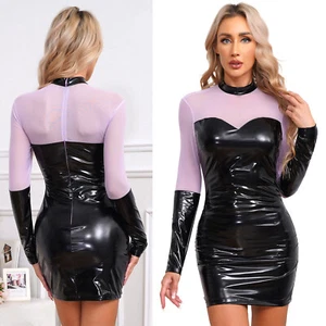Women's Witch Halloween Costume Leather Dress Gothic Bodycon Mini Dress Clubwear - Picture 1 of 23