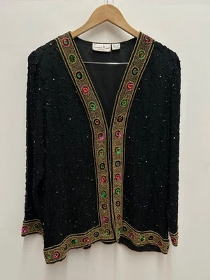 Chaqueta Blazer Laurence Kazar Años 80 De Colección Para Mujer XL Negra Lentejuelas Cuentas Joya Seda Foto 1 de 4