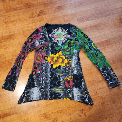 Desigual Ladies Long Sleeve Floral Snake Pattern V-neck Tunic Blouse Size L - Image 1 of 4