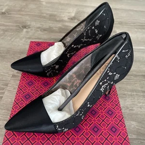 Tory Burch Glenna Camellia LaceSatin Black Heel Pumps Size 6.5 - Picture 1 of 19