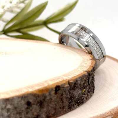 Anillo de plata de tungsteno de 8 mm para regalos de Navidad piedras circonitas banda unisex resistente a los arañazos Foto 1 de 4