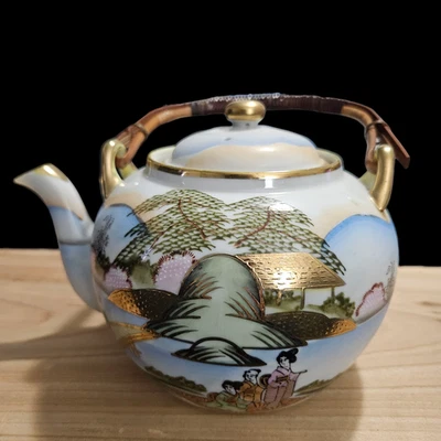 Nippon Hand Painted Porcelain Teapot w/ Lid & Strainer Geisha Scene, Bamboo Hand - Image 1 of 4