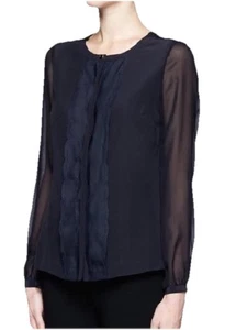 Tory Burch Heidi Navy Blue Silk Ruffle Button Down Blouse Top Women’s Sz 4 - Picture 1 of 18