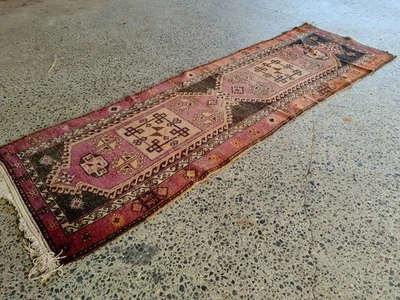 3.4x10.6 ft ANTIQUE RUNNER RUG WOOL HAND-KNOTTED vintage handmade turkish runner - Image 1 of 4