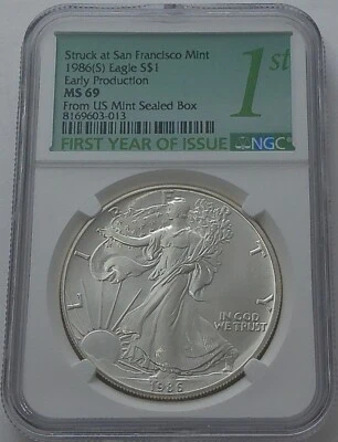 1986 (S) NGC $1 MS69 1 OZ Silver Eagle Early Production From US Mint Sealed Box - Image 1 of 3