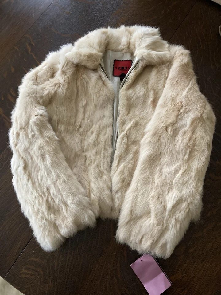 Jaqueta de pele de coelho italiana anos 90/Y2K com zíper, bronzeada, tamanho 12 para meninas, Bomb Boogi - Imagem 1 de 4