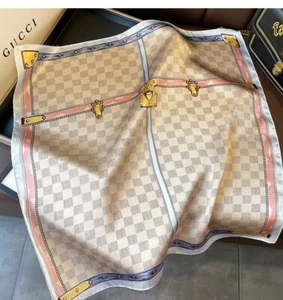 Women Fashion Small Kerchief Scarf 100% Silk Pink Gray Check Bandana Tied 53cm - Picture 1 of 3