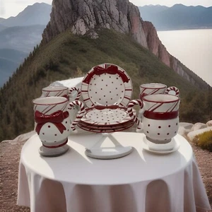 Holiday Red Bows Snack/Mittagessen 8-teiliges Set für 4 -7,5" Teller & Tassen Vegas Spieler Geschenk - Bild 1 von 12