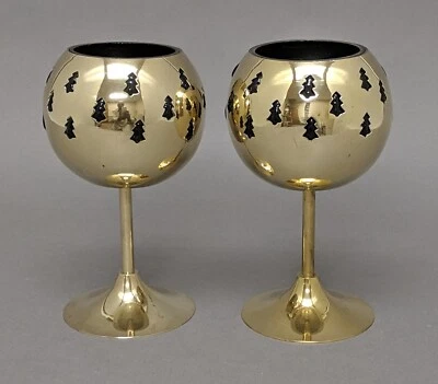 Votive Candle Holder Brass Green Glass Liner Tree Cutouts 4"D 6"High Set/2 - Image 1 of 4