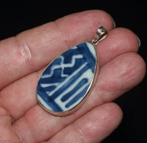 Antique Ming Blue White Porcelain Shard Sterling Silver Pendant - Picture 1 of 12